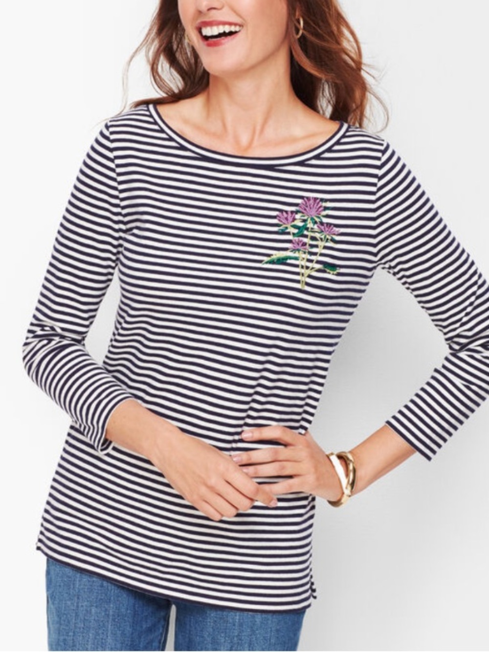 Talbots Floral EMBROIDERED THISTLE STRIPED Black and White TEE Size 3X.